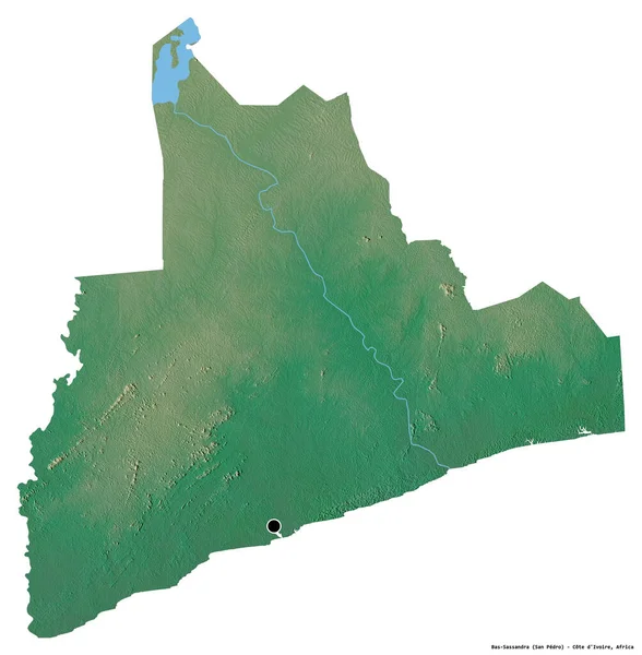 ディヴォワール地区のバス ササンドラの形で 白い背景に首都が孤立しています 地形図 3Dレンダリング — ストック写真