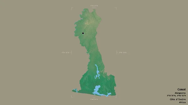 Cote Ivoire地区のComoe地区は 洗練された境界ボックス内のしっかりとした背景に隔離されています ラベル 地形図 3Dレンダリング — ストック写真