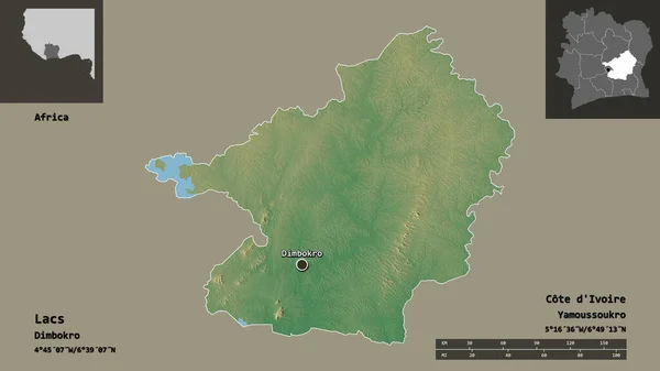 科泰地区的Lacs形状及其首都 距离刻度 预览和标签 地形浮雕图 3D渲染 — 图库照片