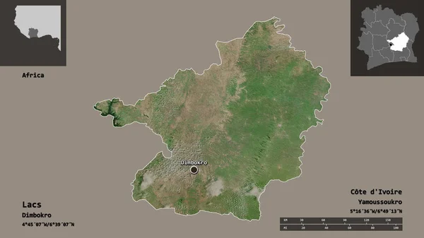 ラックの形 ディヴォワールの地区 およびその首都 距離スケール プレビューおよびラベル 衛星画像 3Dレンダリング — ストック写真