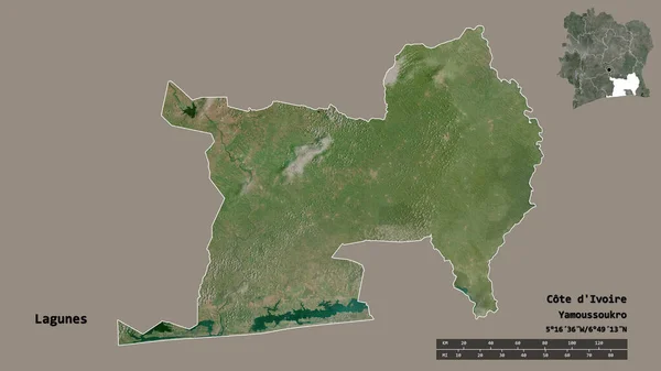 科泰地区Lagunes的形状 其首都在坚实的背景下与世隔绝 距离尺度 区域预览和标签 卫星图像 3D渲染 — 图库照片