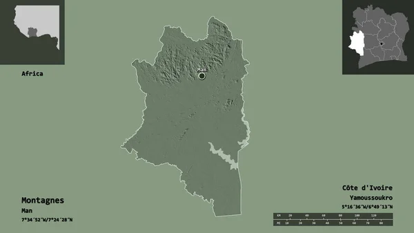 Shape Montagnes District Cote Ivoire Its Capital Distance Scale Previews — Stock Photo, Image