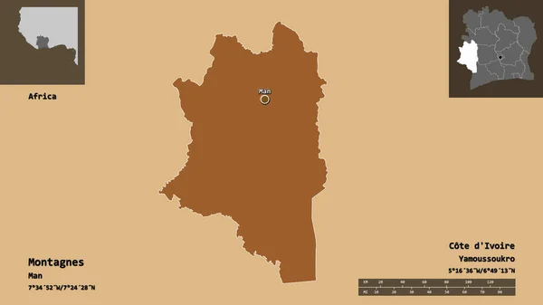 Form Montagnes Distriktet Elfenbenskusten Och Dess Huvudstad Avståndsskala Förhandsvisningar Och — Stockfoto