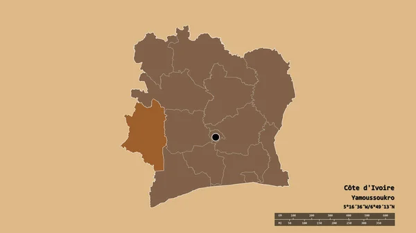 科特迪瓦以首都 主要地区分部和独立的蒙塔格尼斯地区为首都的绝望状态 图形纹理的组成 3D渲染 — 图库照片