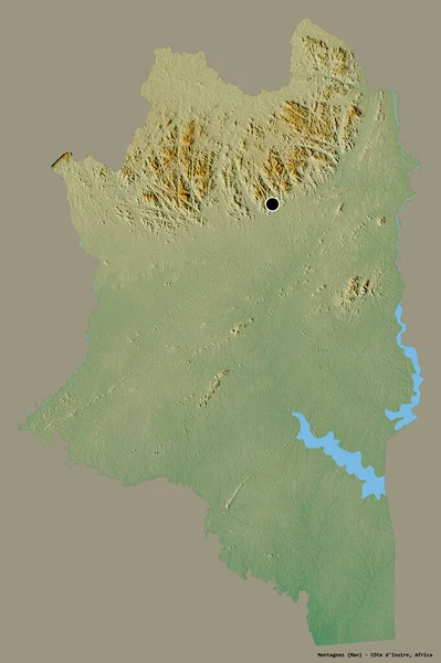 Montagnes 'in şekli, Cote d' Ivoire ilçesi, başkenti katı renk arkaplanı ile izole edilmiş. Topografik yardım haritası. 3B görüntüleme