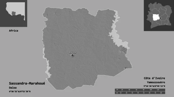科特迪瓦地区Sassandra Marahoue的形状及其首都 距离刻度 预览和标签 Bilevel高程图 3D渲染 — 图库照片