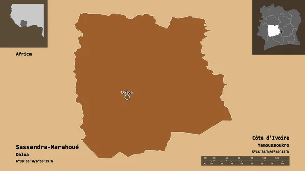 ササンドラ マラウエの形 ディヴォワール県 距離スケール プレビューおよびラベル パターン化されたテクスチャの構成 3Dレンダリング — ストック写真