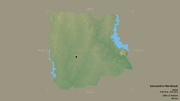 ディヴォワール地区のササンドラ マラウエ地区は 洗練された境界線の箱の中にしっかりとした背景に隔離されています ラベル 地形図 3Dレンダリング — ストック写真