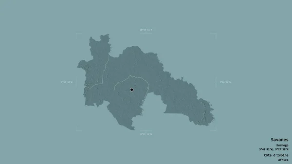科特迪瓦地区的萨凡内地区 在一个地理参照框的坚实背景上被隔离 彩色高程图 3D渲染 — 图库照片