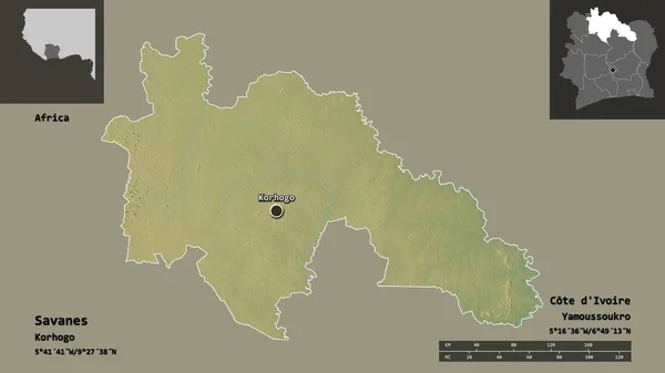 サバンヌの形 ディヴォワール県とその首都 距離スケール プレビューおよびラベル 地形図 3Dレンダリング — ストック写真