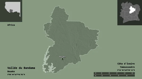 ヴァレー バンダマ ディヴォワール地区 首都の形 距離スケール プレビューおよびラベル 色の標高マップ 3Dレンダリング — ストック写真