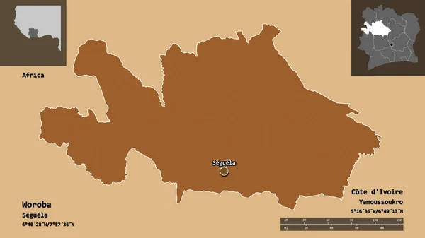 ウボバの形 ディヴォワール県とその首都 距離スケール プレビューおよびラベル パターン化されたテクスチャの構成 3Dレンダリング — ストック写真