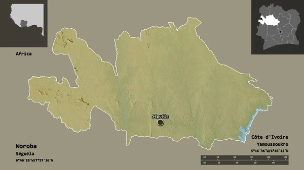 科泰地区的Woroba形状及其首都 距离刻度 预览和标签 地形浮雕图 3D渲染 — 图库照片