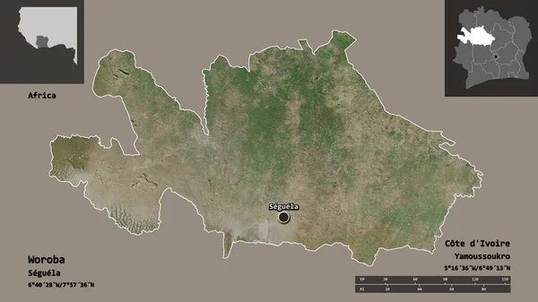 Shape Woroba District Cote Ivoire Its Capital Distance Scale Previews — Stock Photo, Image