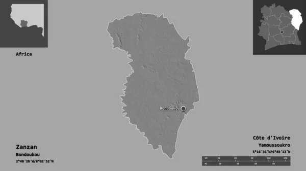 科特迪瓦地区赞赞地区的形状及其首都 距离刻度 预览和标签 Bilevel高程图 3D渲染 — 图库照片