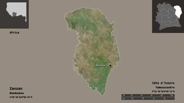 科特迪瓦地区赞赞地区的形状及其首都 距离刻度 预览和标签 卫星图像 3D渲染 — 图库照片