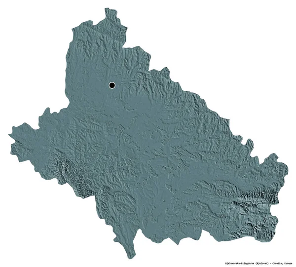 Bjelovarska Bilogorska的形状 克罗地亚县 首府为白色背景 彩色高程图 3D渲染 — 图库照片