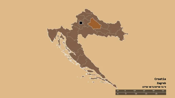 主要な地域部門と分離されたBbelovarska Bilogorskaエリアとクロアチアの荒廃した形 ラベル パターン化されたテクスチャの構成 3Dレンダリング — ストック写真