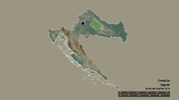 主要な地域部門と分離されたBbelovarska Bilogorskaエリアとクロアチアの荒廃した形 ラベル 地形図 3Dレンダリング — ストック写真