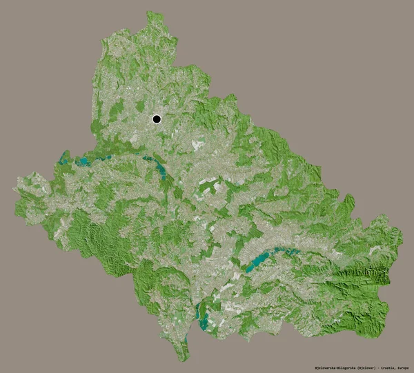 Bjelovarska Bilogorska的形状 克罗地亚县 其首府在一个坚实的色彩背景上孤立 卫星图像 3D渲染 — 图库照片