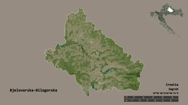 クロアチアの郡 ビェロバルスカ ビロゴルスカの形で その首都はしっかりとした背景に孤立している 距離スケール リージョンプレビュー およびラベル 衛星画像 3Dレンダリング — ストック写真