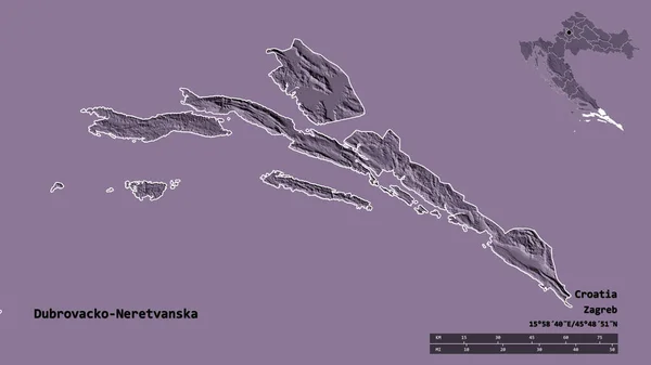 クロアチアの県 ドゥブロヴァコ ネレトヴァンスカの形で その首都はしっかりとした背景に隔離されています 距離スケール リージョンプレビュー およびラベル 色の標高マップ 3Dレンダリング — ストック写真