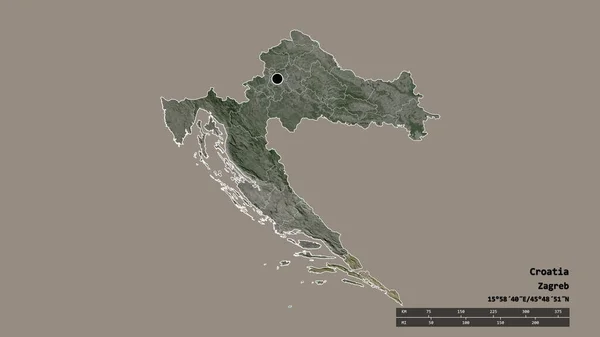 主要な地域部門と分離されたDubrovacko Neretvanskaエリアを持つクロアチアの荒廃した形 ラベル 衛星画像 3Dレンダリング — ストック写真