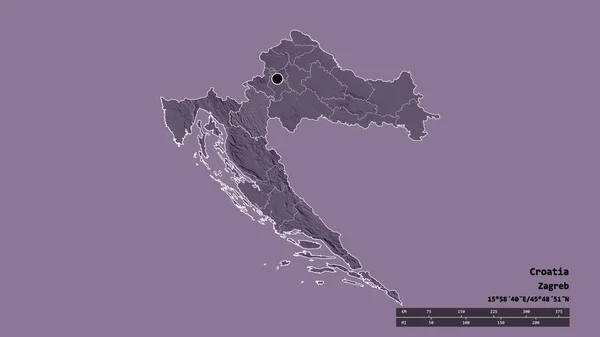 主要な地域部門と分離カルロヴァッカ地域とクロアチアの荒廃した形 ラベル 色の標高マップ 3Dレンダリング — ストック写真