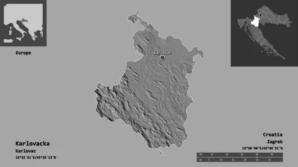 クロアチアの郡カルロヴァッカとその首都の形 距離スケール プレビューおよびラベル 標高マップ 3Dレンダリング — ストック写真