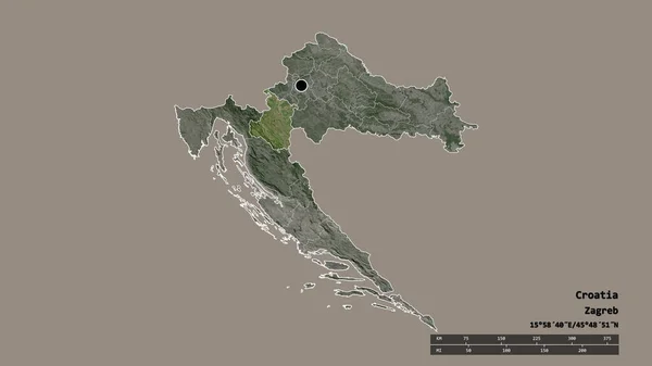 主要な地域部門と分離カルロヴァッカ地域とクロアチアの荒廃した形 ラベル 衛星画像 3Dレンダリング — ストック写真