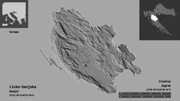 Licko Senjska的形状 克罗地亚县 及其首府 距离刻度 预览和标签 Bilevel高程图 3D渲染 — 图库照片