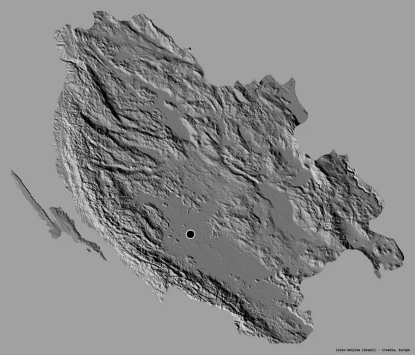 克罗地亚Licko Senjska县的形状 其首府以纯色背景隔离 Bilevel高程图 3D渲染 — 图库照片