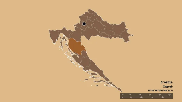 主要な地域部門と分離されたリコ センイスカ地域とクロアチアの荒廃した形 ラベル パターン化されたテクスチャの構成 3Dレンダリング — ストック写真