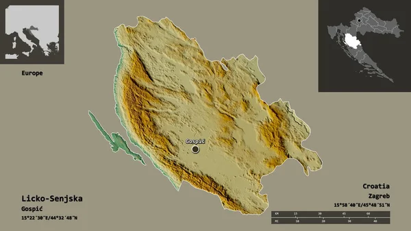クロアチアの郡であるリコ センジェスカとその首都の形 距離スケール プレビューおよびラベル 地形図 3Dレンダリング — ストック写真