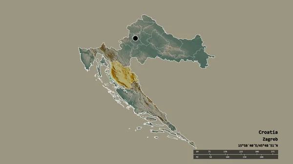 主要な地域部門と分離されたリコ センイスカ地域とクロアチアの荒廃した形 ラベル 地形図 3Dレンダリング — ストック写真