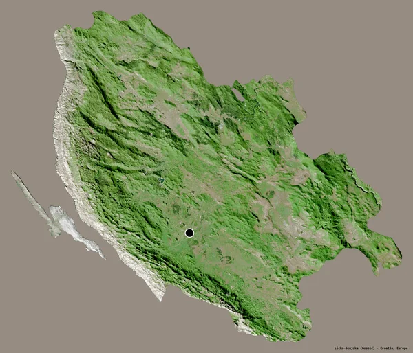 克罗地亚Licko Senjska县的形状 其首府以纯色背景隔离 卫星图像 3D渲染 — 图库照片