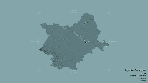 クロアチアの郡オジェコ バランスカ Ojecko Baranjska の地域は 洗練された境界線の箱の中にしっかりとした背景に隔離されている ラベル 色の標高マップ 3Dレンダリング — ストック写真