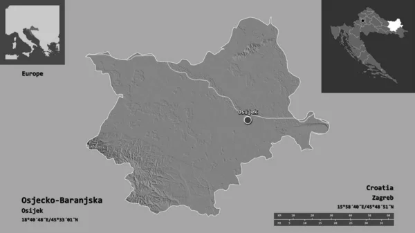オジェスコ バラナンスカの形 クロアチアの郡とその首都 距離スケール プレビューおよびラベル 標高マップ 3Dレンダリング — ストック写真