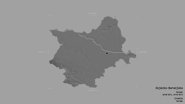 クロアチアの郡オジェコ バランスカ Ojecko Baranjska の地域は 洗練された境界線の箱の中にしっかりとした背景に隔離されている ラベル 標高マップ 3Dレンダリング — ストック写真