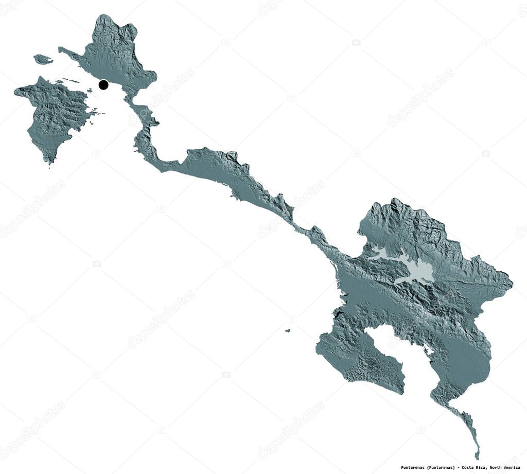 Shape of Puntarenas, province of Costa Rica, with its capital isolated on white background. Colored elevation map. 3D rendering