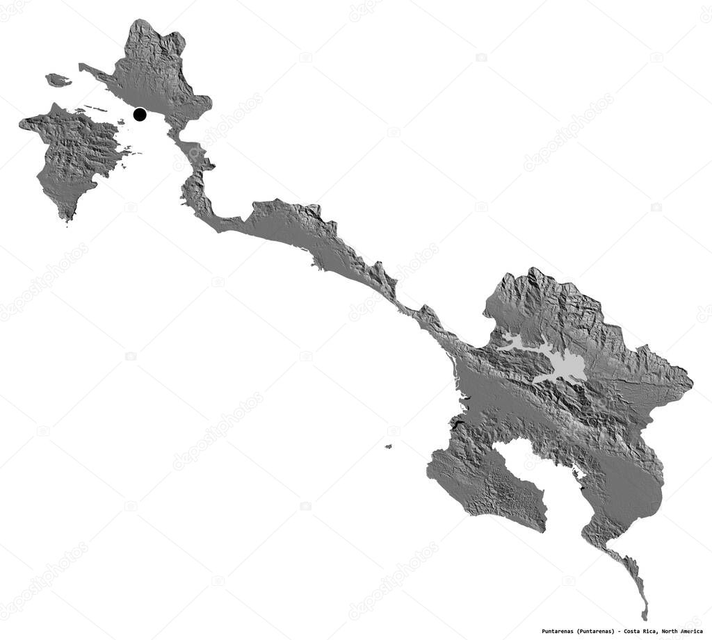 Shape of Puntarenas, province of Costa Rica, with its capital isolated on white background. Bilevel elevation map. 3D rendering