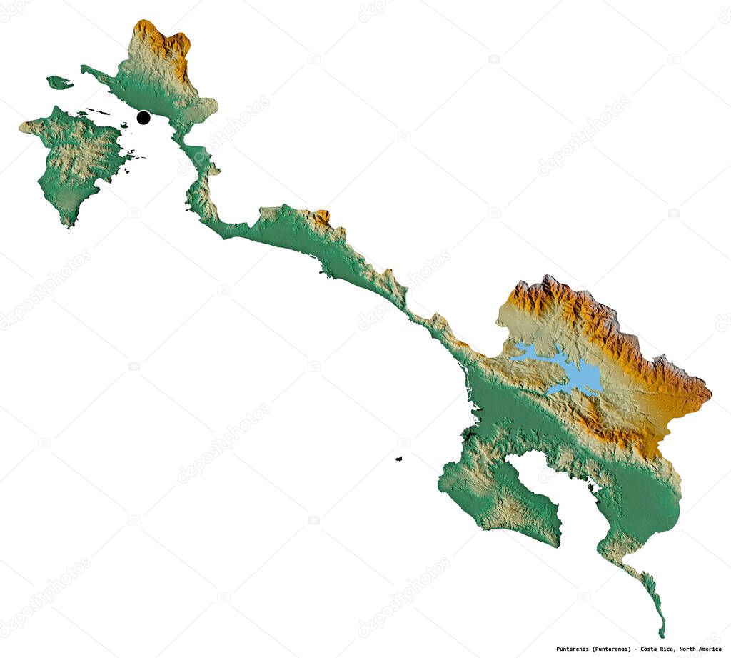 Shape of Puntarenas, province of Costa Rica, with its capital isolated on white background. Topographic relief map. 3D rendering