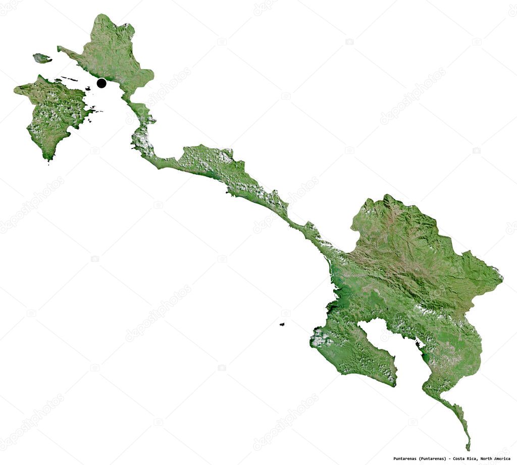 Shape of Puntarenas, province of Costa Rica, with its capital isolated on white background. Satellite imagery. 3D rendering