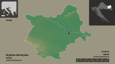 Hırvatistan 'ın Osjecko-Baranjska ilçesi ve başkenti. Uzaklık ölçeği, ön gösterimler ve etiketler. Topografik yardım haritası. 3B görüntüleme