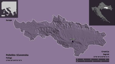 Hırvatistan 'ın Pozesko-Slavonska ilçesi ve başkenti. Uzaklık ölçeği, ön gösterimler ve etiketler. Renkli yükseklik haritası. 3B görüntüleme