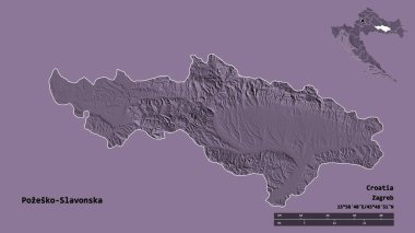 Hırvatistan 'ın Pozesko-Slavonska ilçesinin başkenti sağlam bir zemine sahip. Uzaklık ölçeği, bölge önizlemesi ve etiketleri. Renkli yükseklik haritası. 3B görüntüleme