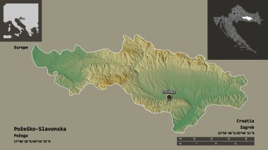 Hırvatistan 'ın Pozesko-Slavonska ilçesi ve başkenti. Uzaklık ölçeği, ön gösterimler ve etiketler. Topografik yardım haritası. 3B görüntüleme