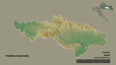 Hırvatistan 'ın Pozesko-Slavonska ilçesinin başkenti sağlam bir zemine sahip. Uzaklık ölçeği, bölge önizlemesi ve etiketleri. Topografik yardım haritası. 3B görüntüleme