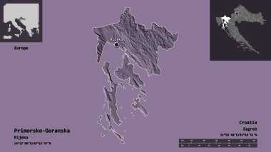 Hırvatistan 'ın Primorsko-Goranska ilçesi ve başkenti. Uzaklık ölçeği, ön gösterimler ve etiketler. Renkli yükseklik haritası. 3B görüntüleme