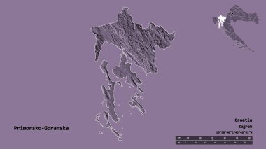 Hırvatistan 'ın Primorsko-Goranska ilçesinin başkenti sağlam bir zemin üzerinde izole edilmiştir. Uzaklık ölçeği, bölge önizlemesi ve etiketleri. Renkli yükseklik haritası. 3B görüntüleme